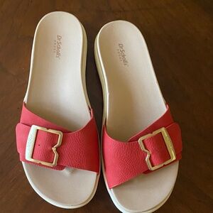 Dr. Scholl's Coral-Red Slide Sandals with Gold Buckle
